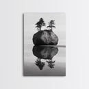 Island Reflection, Twin Trees, Still Water, Minimal Seascape, Framed Canvas Print, Bedroom Wall Art, Zen Decor, Black and White Art