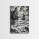 Sea Spires, Ocean Foam, Pebble Shore, Wild Coast, Framed Canvas Print, Living Room Wall Art, Dramatic Landscape, Coastal Home Decor