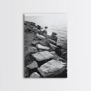 Shore Rocks, Sunlit Ocean, Rugged Texture, Minimal Horizon, Framed Canvas Print, Entryway Wall Art, Beach Decor, Neutral Tones