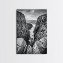 Ocean Cliff Pass, Rugged Coastal Rocks, Nature Power, Monochrome Framed Canvas Print, Moody Bathroom or Masculine Office Art