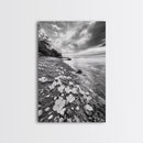 Flower Shore, Peaceful Beach, Moody Sky, Petal Scape, Framed Canvas Print, romantic beach art, bedroom decor, black and white floral print