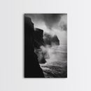 Stormy Cliffs, Ocean Fog, Monochrome Coast, Wild Nature Framed Canvas Print, moody wall art, rustic living room decor, dark aesthetic