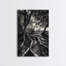 Sunlit Forest Roots, Tree Shadows, Golden Light, Framed Canvas Print, Boho Nature Wall Art, Bedroom Wall Decor, Earthy Tones