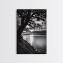 Tranquil Lake Sunset, Tree Silhouette, Calm Waters, Canvas Print, Nature Inspired Wall Art, Relaxing Bedroom Decor, Minimalist Zen