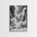 Ocean Splash, Cliff Waves, Nature Power, Dramatic Seascape, Framed Canvas Print, Living Room Statement, Black and White Wall Art