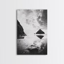 Remote beach reflection, lone hiker wanderlust, coastal rockscape, black white dreamscape, Framed Canvas Print, living room moody decor