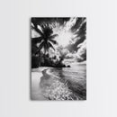 Tropical Sunset Beach, Palms and Waves, Cloudy Skies, Island Vibes, Framed Canvas Print, Coastal Wall Art, Beach House Decor