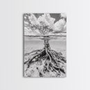 Half Underwater Tree, Split View Nature, Aquatic Roots, Stormy Skies, Framed Canvas Print, Coastal Wall Art, Unique Nature Photography