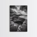 Crater Overlook Coast, Stormy Sky Mountains, Ocean Cliffs, Rugged Wilderness, Canvas Print, Den Wall Art, Moody Black and White Art
