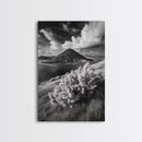 Majestic Volcano, Wild Grass, Black and White, Framed Canvas Print, Nature Photography, Office Decor, Moody Art, Rustic Wall Art