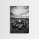 Coastal campfire glow, serene seaside bonfire, sunset flames, sandy warmth, Framed Canvas Print, Fall decor, cozy cabin wall art
