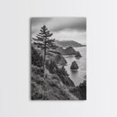 Oregon Coastline View, Misty Cliffs, Evergreen Forest, Coastal Vibes, Framed Canvas Print, Rustic Cabin Art, Living Room Wall Decor