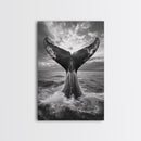 Whale Tail Splash, Ocean Sunset, Marine Majesty, Powerful Moment, Framed Canvas Print, Nautical Art, Coastal Living Room Decor