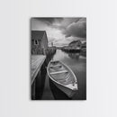 Docked Rowboat Scene, Calm Harbor, Coastal Village, Still Waters, Framed Canvas Print, Seaside Art, Beach House Wall Decor