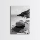 Beach Hat Closeup, Seaside Fashion, Coastal Breeze, Relaxed Mood, Framed Canvas Print, Minimalist Beach Art, Summer Home Decor