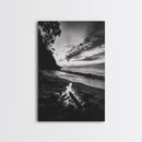 Shoreline fire night, beach flames, evening waves, rustic warmth, Canvas Print, Autumn decor, outdoor adventure minimalist wall art
