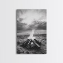 Beach bonfire moment, soft flame serenity, ocean dusk, coastal camp vibes, Framed Canvas Print, Fall decor, hygge inspired wall decor
