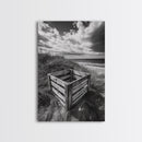 Weathered Crate, Ocean Dunes, Coastal Photography, Canvas Print, Beach House Wall Art, Minimalist Rustic Decor, Bathroom Wall Art