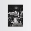 Ocean, Deck, Sunset, Rays - Golden hour beach bar shadows, Canvas Print, perfect dining room or kitchen wall art, rustic coastal decor