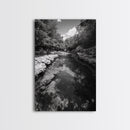 River Reflection, Nature Calm, Forest Stream, Canvas Print, Black and White Landscape Wall Art, Rustic Bathroom Decor, Tranquil Home Vibe