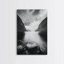 Mountain Lake, Nordic Fjord, Moody Water, Framed Canvas Print, Minimalist Wall Art, Serene Living Room Decor, Monochrome Nature Scene