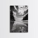 Dragonfly Flight, Beach View, Nature Dream, Framed Canvas Print, Whimsical Wall Art, Surreal Living Room Decor, Black and White Nature Style