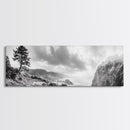 Ocean Cliff, Pine Trees, Foggy Coast, Canvas Print, Dramatic Nature Wall Art, Rustic Cabin Decor, Black and White Landscape
