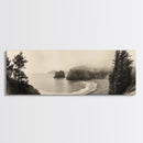 Misty Bay, Forested Coast, Moody Landscape, Serene Shoreline, Framed Canvas Print, Coastal Wall Art, Bedroom Decor, Earthy Tones