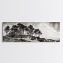 Coastal Pines, Ocean View, Windswept Trees, Framed Canvas Print, Minimalist Landscape Art, Neutral Tones, Entryway Wall Decor