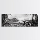 Rocky Shore, Ocean Vista, Misty Wilderness, Framed Canvas Print, Nature Wall Art, Monochrome Landscape, Cabin or Office Decor