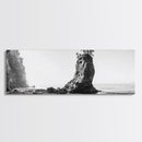 Sea Stack, Rugged Coast, Ocean Cliffside, Framed Canvas Print, Coastal landscape, Nature photography, Office wall art, Monochrome design