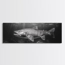 Underwater Fish, Lake Trout, Black and White Ocean, Framed Canvas Print, Coastal Bathroom Art, Fisherman Gift, Nautical Wall Decor