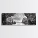 Sea Cave View, Coastal Rock Art, Monochrome Seascape, Framed Canvas Print, Bathroom Wall Art, Nature Photography, Moody Ocean Decor
