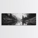 Alpine Lake Scene, Black and White Forest, Serene Mountain Print, Framed Canvas Print, Rustic Wall Art, Cabin Living Room Decor