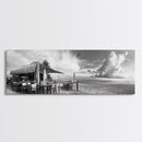 Seaside Bar, Beach Café, Oceanfront Dining, Cloudy Sky, Framed Canvas Print, Kitchen Wall Art, Black and White Tropical Art, Travel Decor