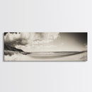 Cloudy Beach, Sandy Shoreline, Coastal Serenity, Framed Canvas Print, Neutral Tones Wall Art, Minimalist Bathroom or Hallway Decor