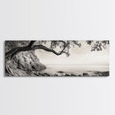 Tree By The Sea, Ocean Cliff, Black And White Nature, Framed Canvas Print, Coastal Wall Decor, Minimalist Art, Tranquil Bedroom Print