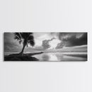 Solitary Palm Tree, Ocean Storm, Moody Landscape, Beach Wall Decor, Framed Canvas Print, Coastal Living Room Art, Monochrome Photography