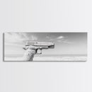 Desert Gun, Driftwood Grip, Coastal Surreal, Canvas Print, Minimalist Wall Art, Western Decor, Modern Living Room Art, Black and White Photo
