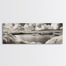 Misty Lake, Peaceful Shore, Cloud Reflections, Canvas Print, Black and White Nature Art, Coastal Landscape, Bedroom Wall Art, Minimalist Decor