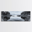 Forest Inlet, Calm Waters, Rocky Shore, Framed Canvas Print, Pacific Northwest Wall Art, Neutral Decor, Nature Photography, Rustic Vibes