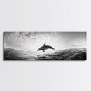 Ocean Dolphin Jump, Seascape Art, Black White Photography, Coastal Wall Decor, Canvas Print, Minimalist Bathroom Wall Art, Nautical Style