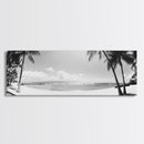Tropical Beach Scene, Palm Tree Horizon, Ocean Serenity, Island Life, Framed Canvas Print, Coastal Wall Art, Living Room Decor, Minimalist Vibe