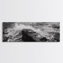 Crashing Waves Rock, Coastal Seascape, Ocean Photography, Black White Art, Framed Canvas Print, Nautical Bathroom Wall Decor