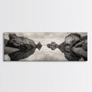 Rock Reflection, Coastal Tranquility, Nature Mirror, Framed Canvas Print, black and white coastal art, zen bathroom decor, moody ocean wall art