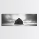 Seaside Rock Monolith, Ocean Landscape, Dramatic Sky Photography, Framed Canvas Print, Moody Wall Art, Minimalist Home Decor