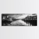 Fishing Dock, Quiet Marina, Waterside Village, Canvas Print, Nautical Wall Art, Lake House Decor, Black and White Photography