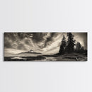Mountain Shoreline, Stormy Sky, Forest Edge, Canvas Print, Wilderness Landscape Art, Cabin Decor, Moody Nature Photography