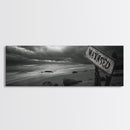 Stormy Beach, Weathered Sign, Moody Ocean, Black and White Photography, Framed Canvas Print, Coastal Gothic Wall Art, Autumn Decor