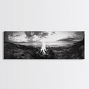 Seaside Fire, Coastal Camp, Black White, Night Shore, Framed Canvas Print, Fall decor, rustic outdoor art, cozy cabin wall art, man cave